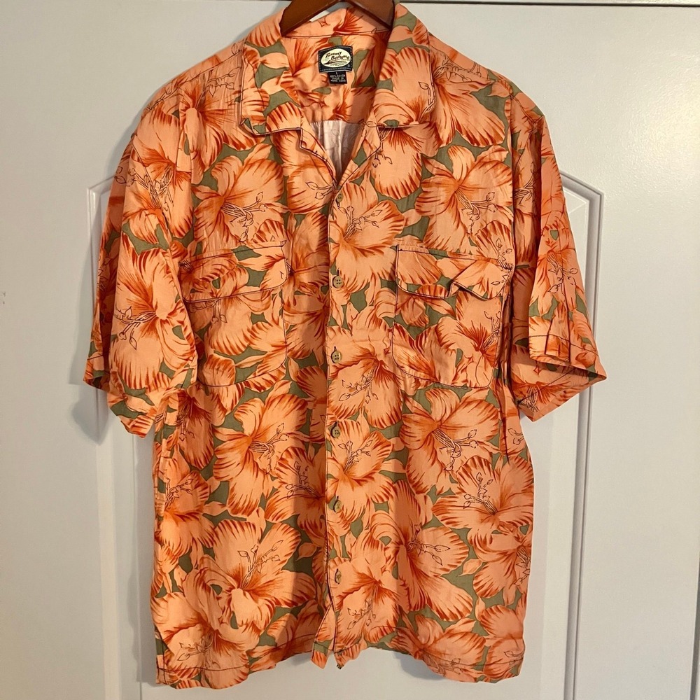 Vintage Tommy Bahama Orange & Green Floral Print Aloha Shirt Men's Sz L